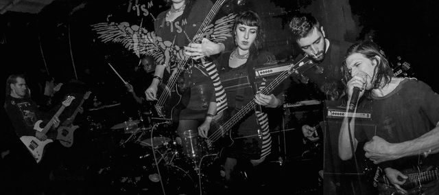black and white multi-exposure photo of remwar playing showing each member individually